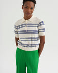 Norah Stripe Cotton Polo Top, Off White & Baltic Blue
