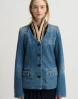 Ribbed Collar Denim Blazer, Blue
