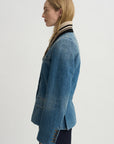 Ribbed Collar Denim Blazer, Blue
