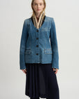 Ribbed Collar Denim Blazer, Blue
