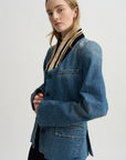 Ribbed Collar Denim Blazer, Blue