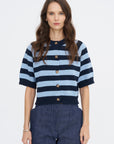Lakti Stripe Cotton Cardigan, Navy & Dusty Blue