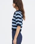 Lakti Stripe Cotton Cardigan, Navy & Dusty Blue