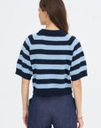 Lakti Stripe Cotton Cardigan, Navy & Dusty Blue