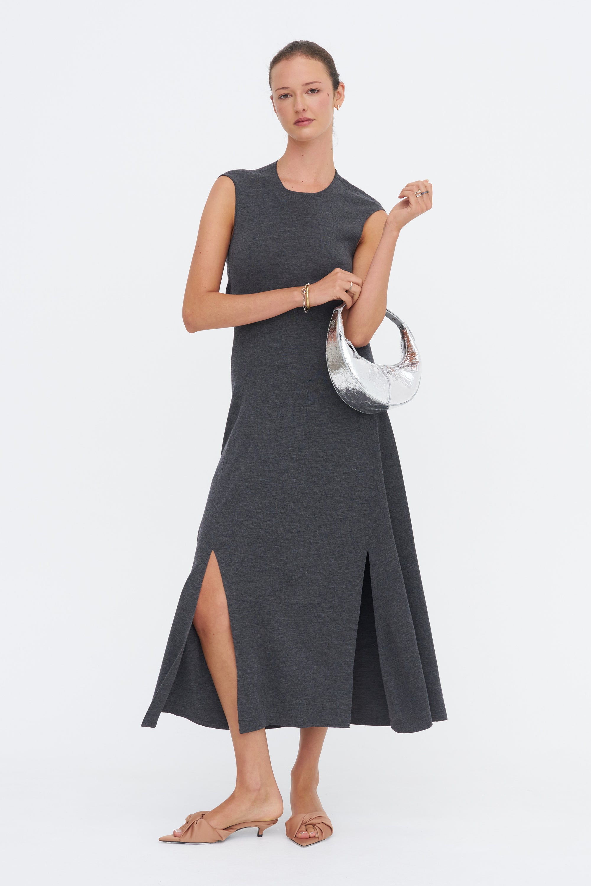 Clara Knit Flared Dress, Mid Grey Melange