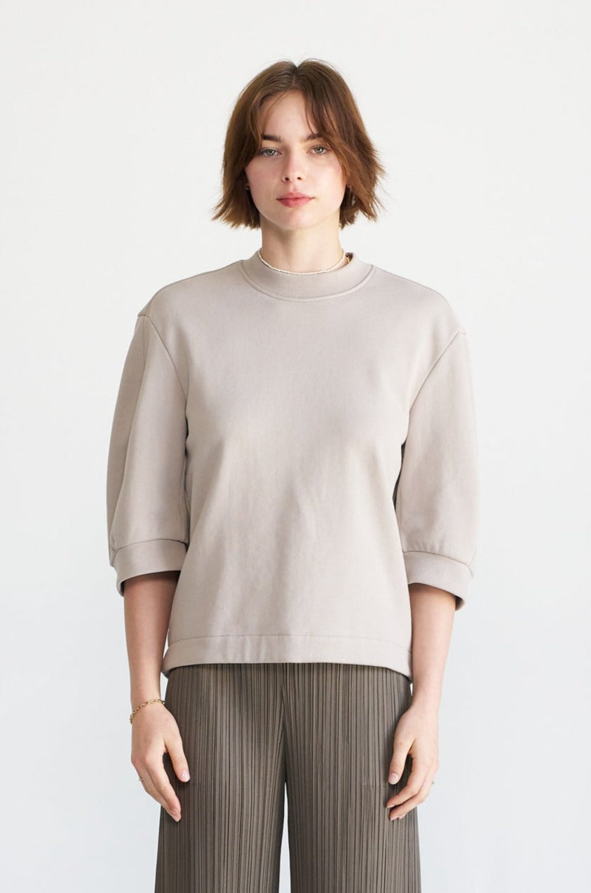 TIBI - Short Sculpted Sleeve Sweatshirt, Light Stone