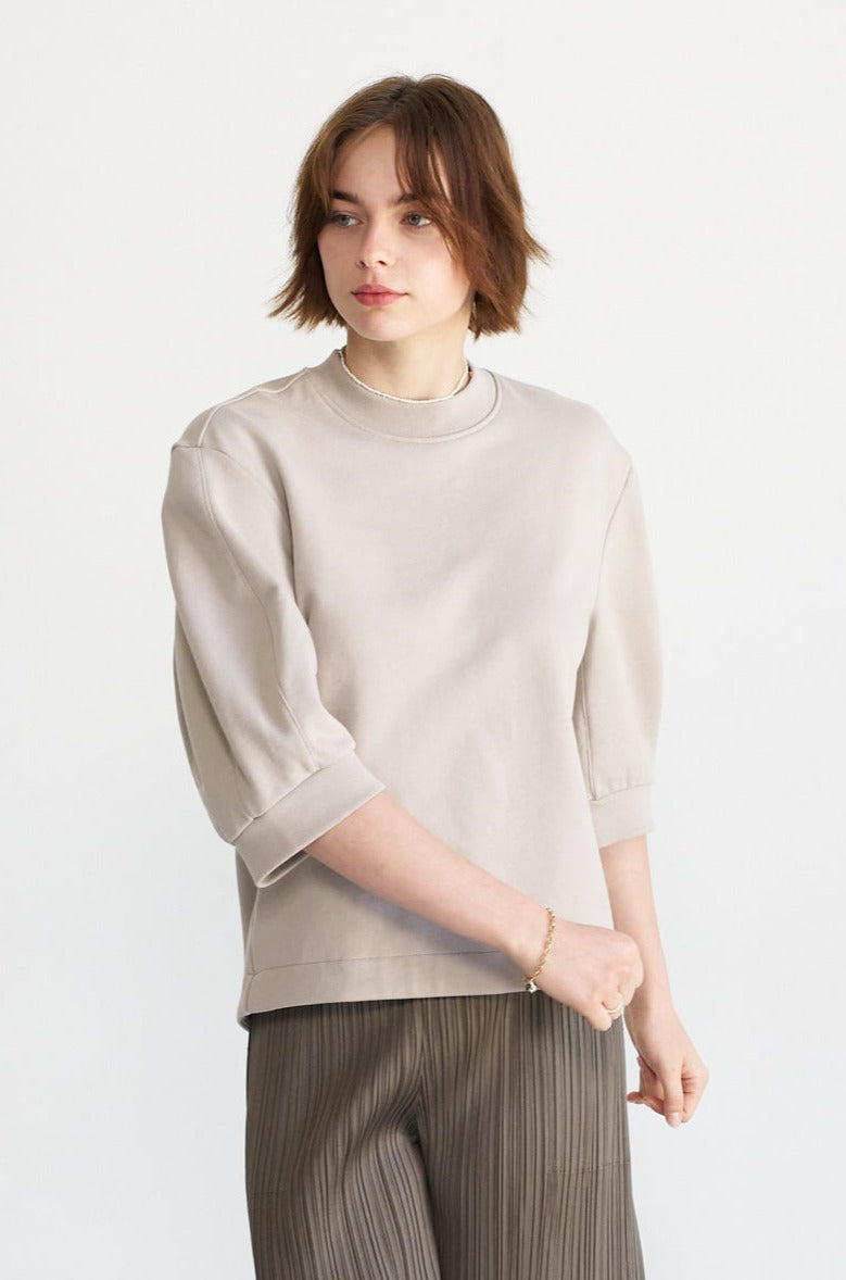TIBI - Short Sculpted Sleeve Sweatshirt, Light Stone