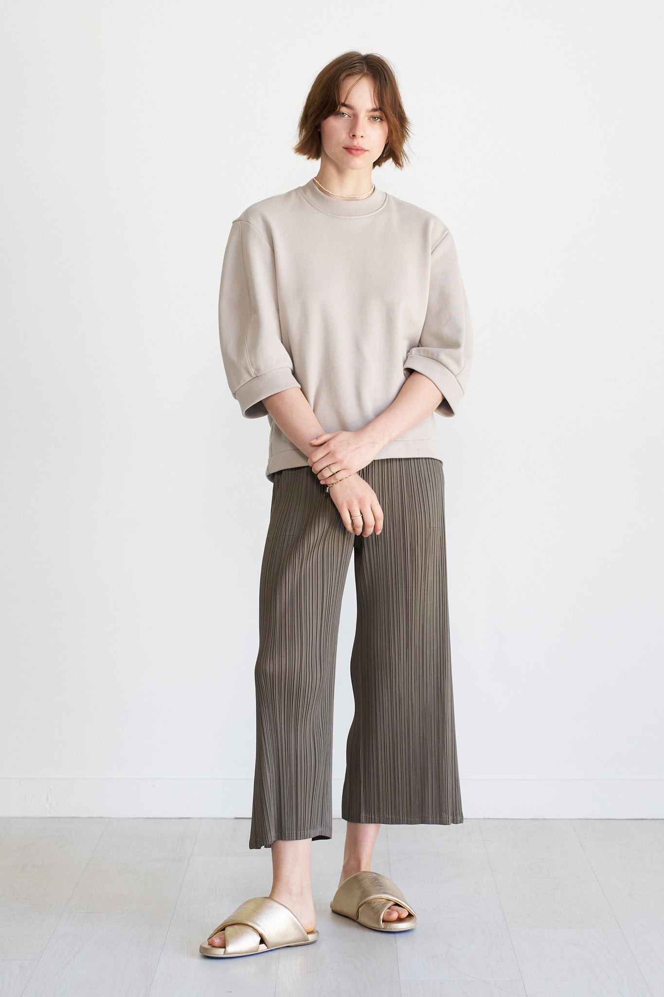 TIBI - Short Sculpted Sleeve Sweatshirt, Light Stone