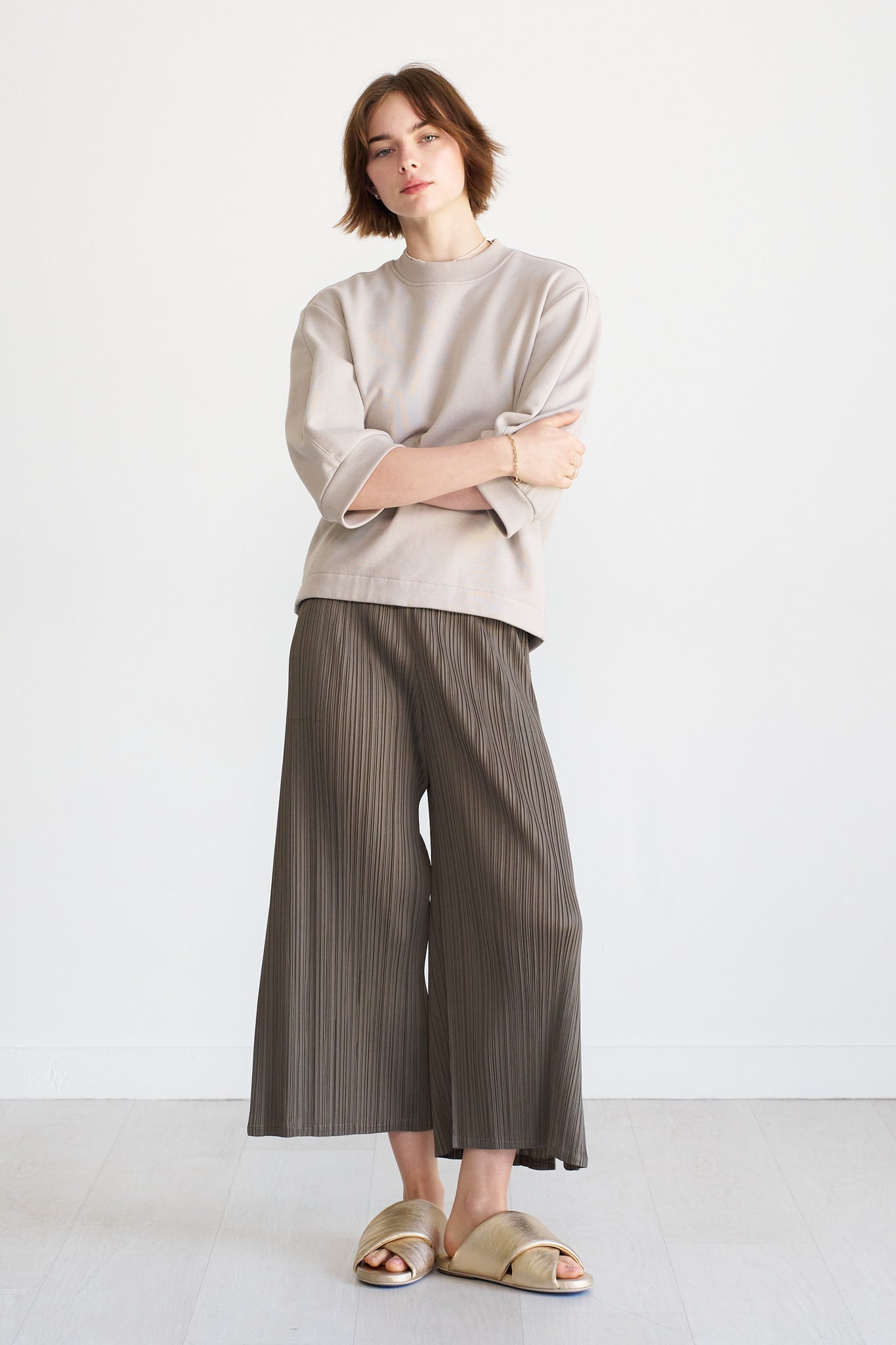 TIBI - Short Sculpted Sleeve Sweatshirt, Light Stone