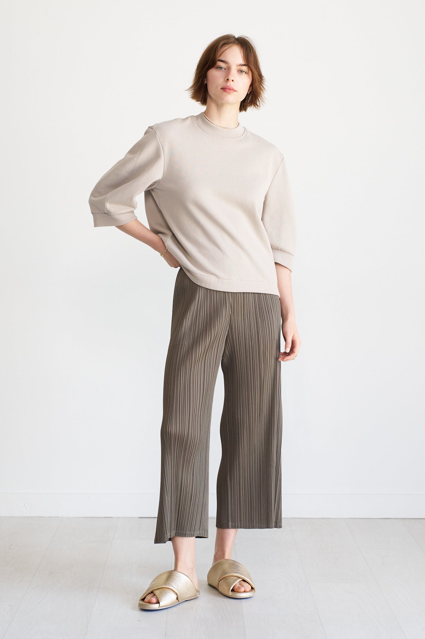 TIBI - Short Sculpted Sleeve Sweatshirt, Light Stone