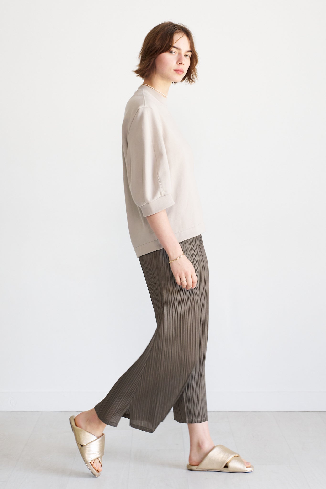 TIBI - Short Sculpted Sleeve Sweatshirt, Light Stone