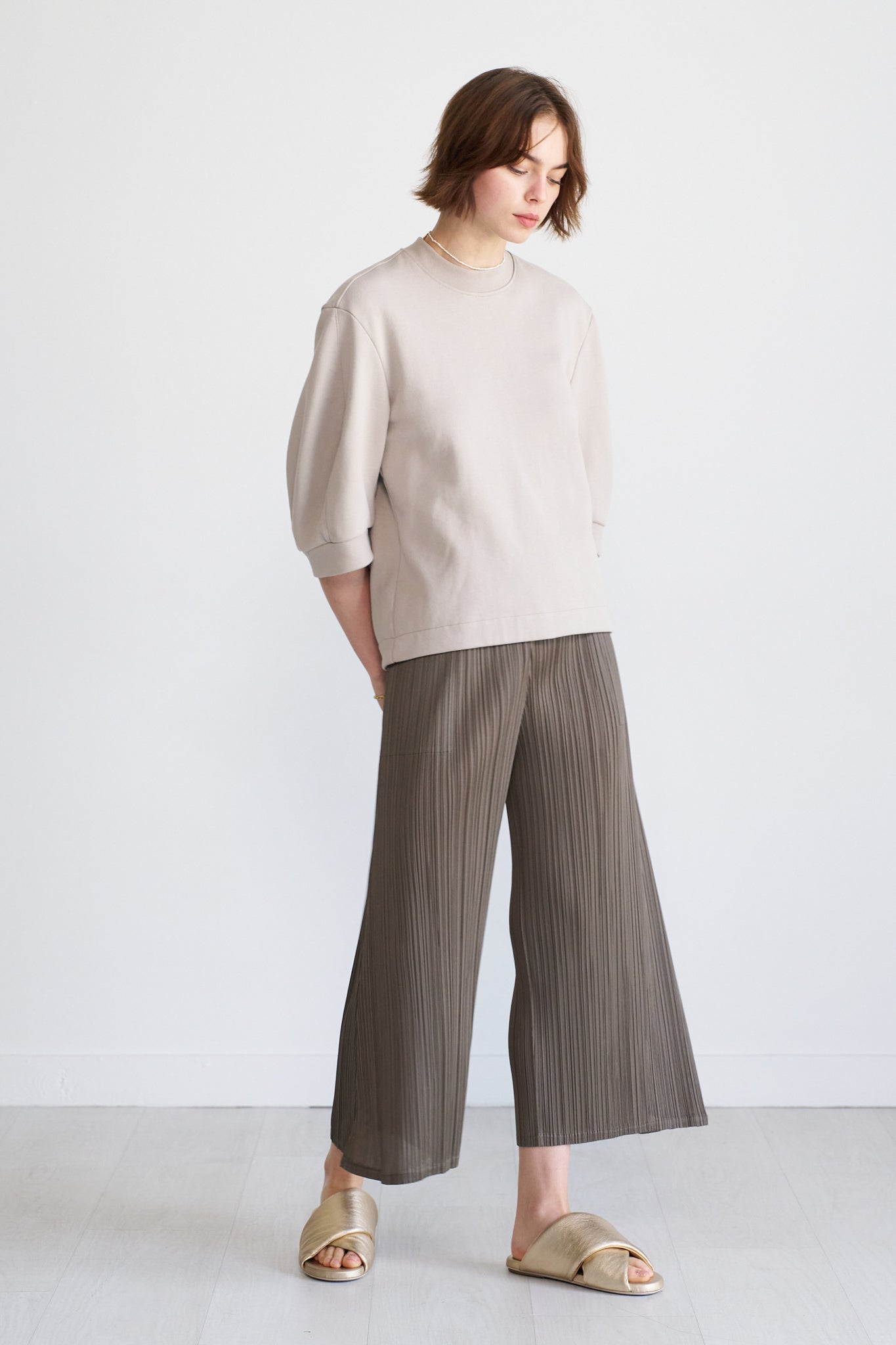 TIBI - Short Sculpted Sleeve Sweatshirt, Light Stone