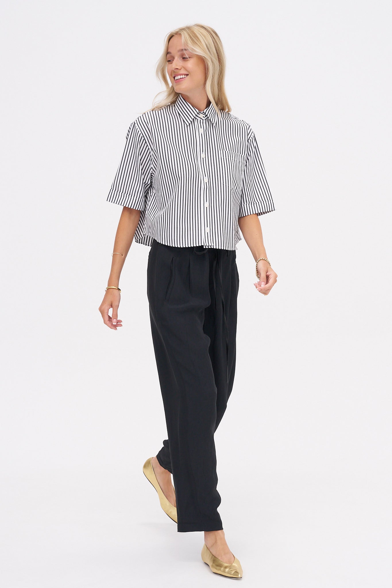 Crop Oversized Short Sleeve Shirt, White & Black Stripe