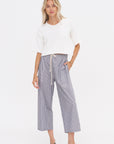 Drawstring Pleat Front Pant, Grey Railroad Stripe