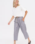 Drawstring Pleat Front Pant, Grey Railroad Stripe