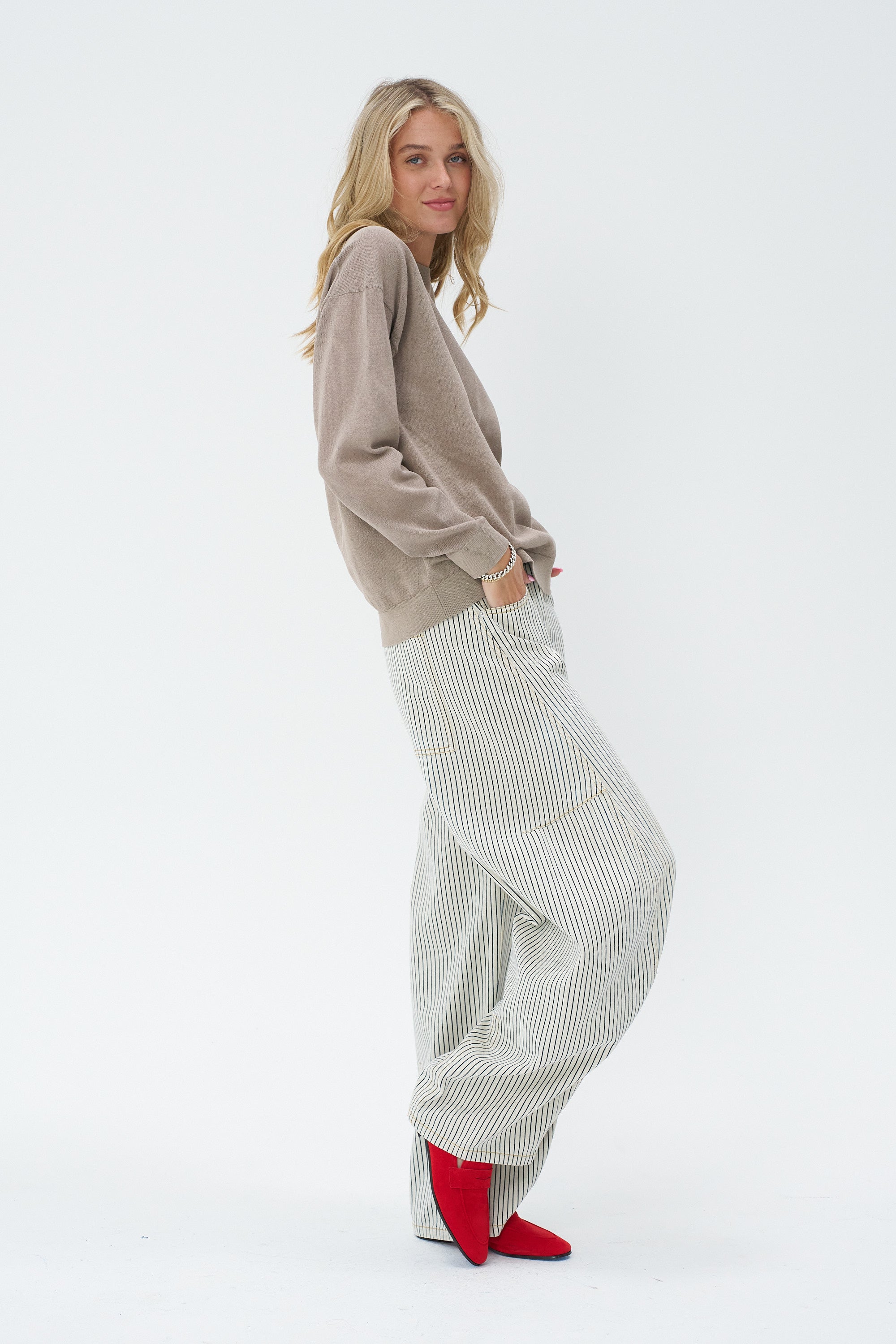 TIBI - Sid Jean Stone Washed Stripe Pant, Navy Multi