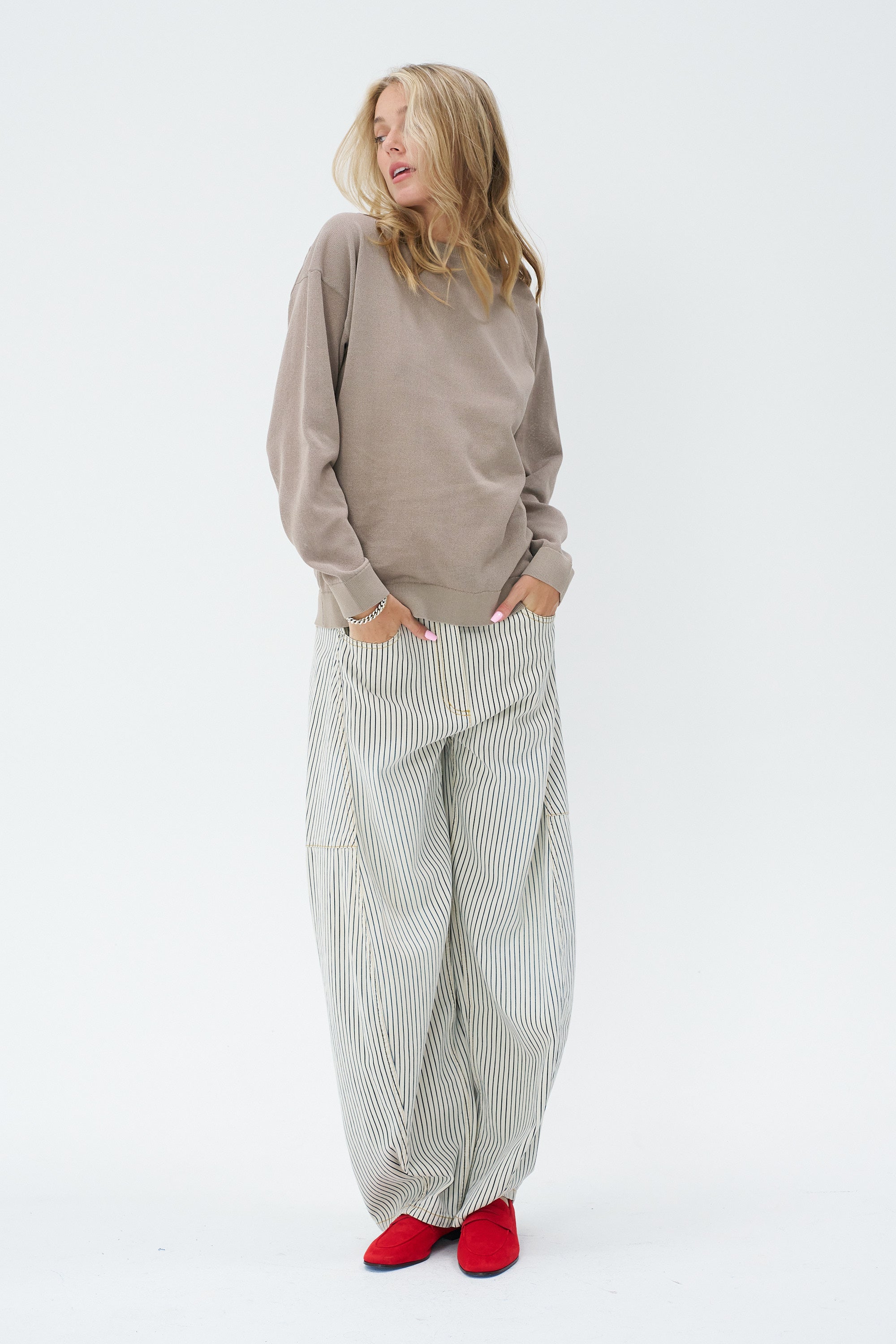 TIBI - Sid Jean Stone Washed Stripe Pant, Navy Multi
