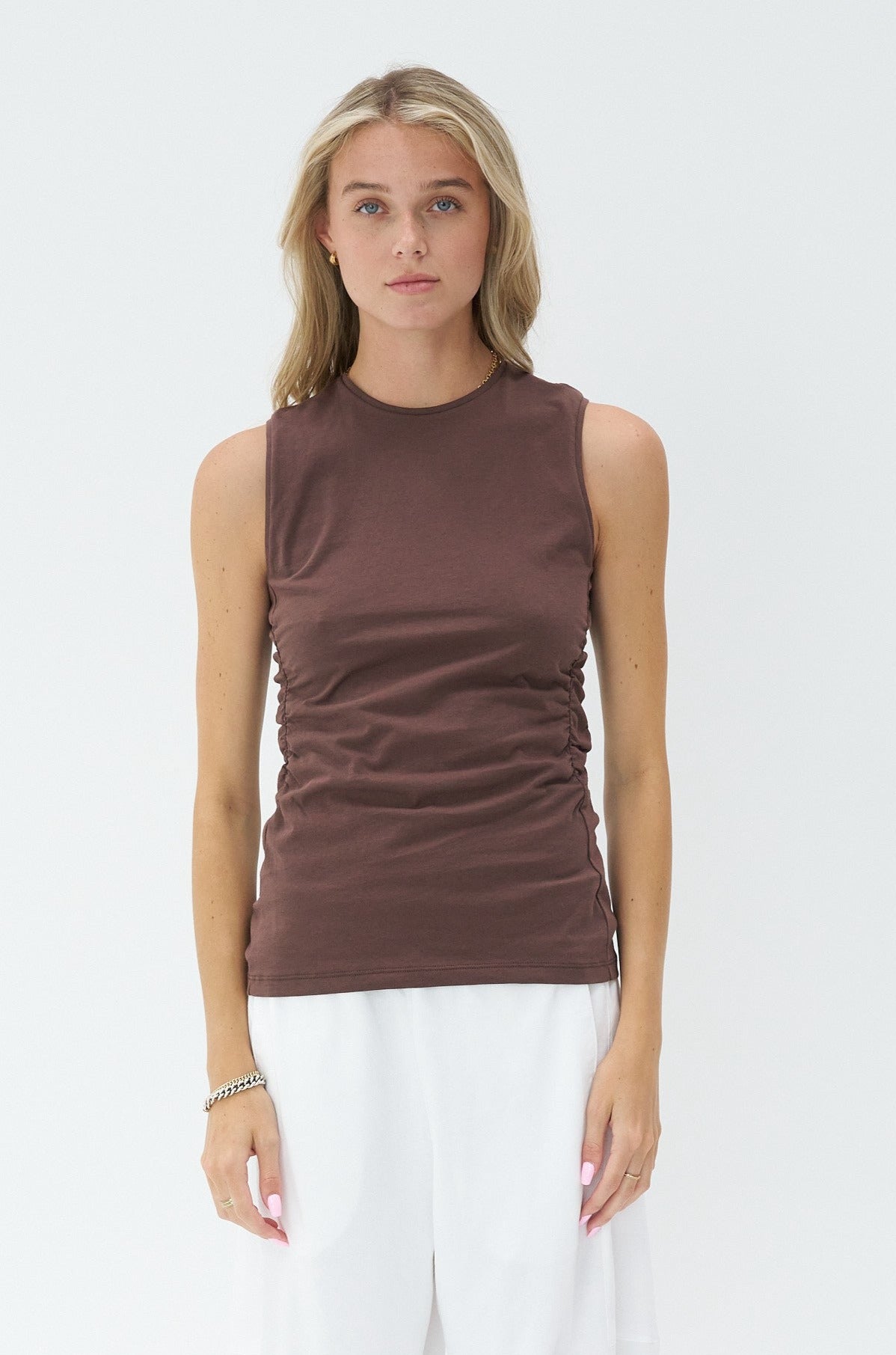 TIBI - Tshirting Shirred Crewneck Top, Cacao