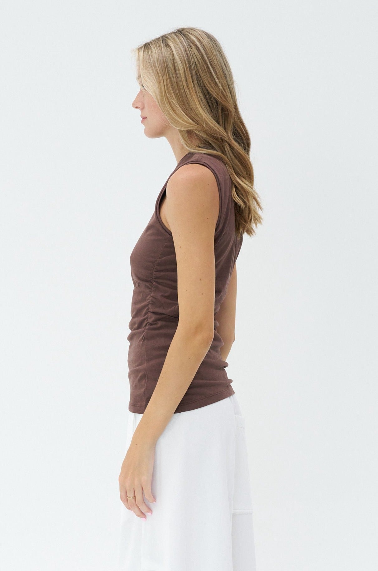 TIBI - Tshirting Shirred Crewneck Top, Cacao