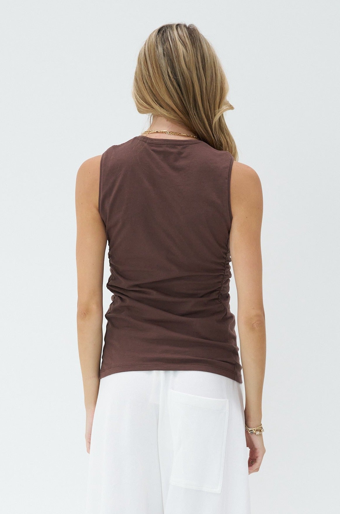 TIBI - Tshirting Shirred Crewneck Top, Cacao