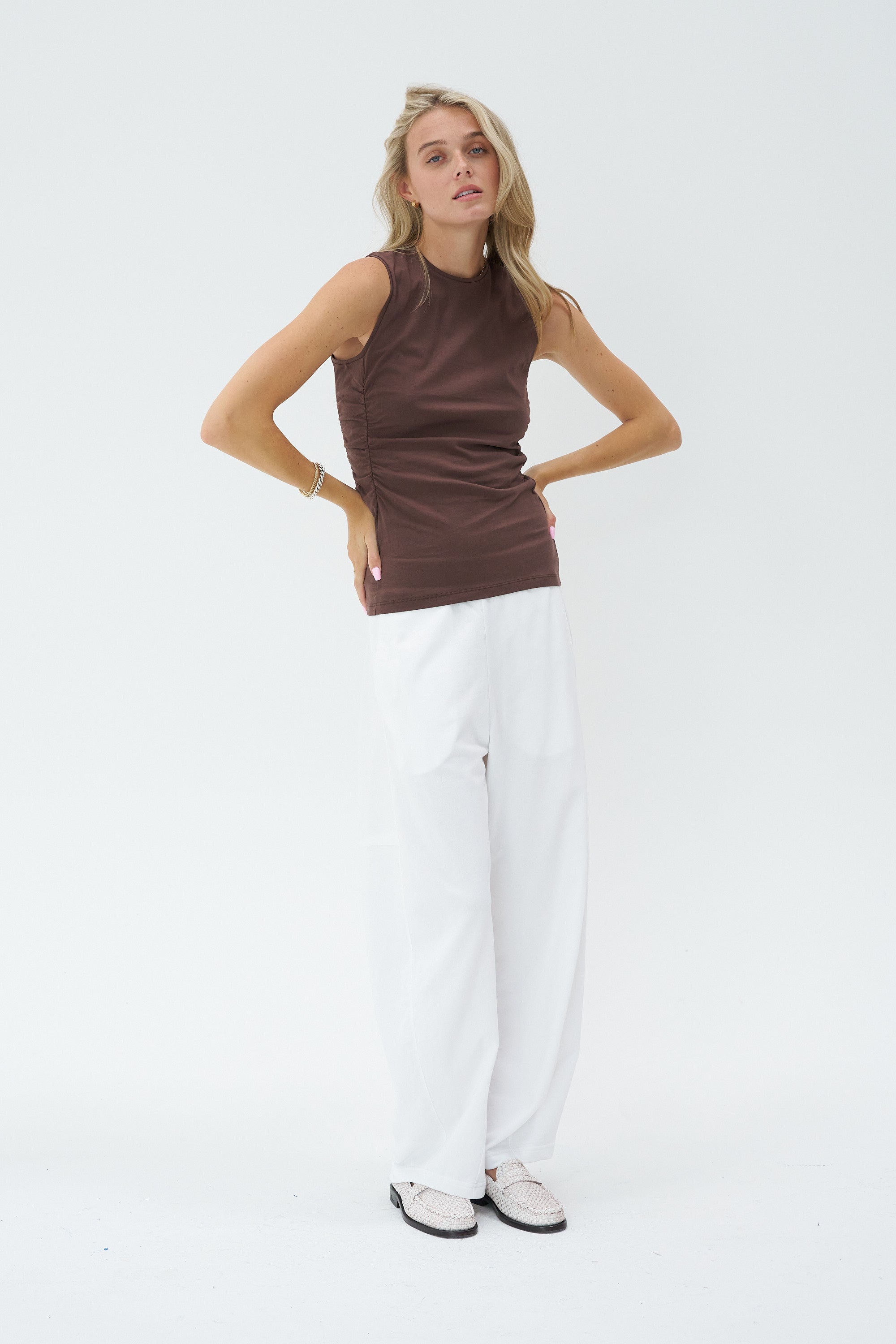 TIBI - Tshirting Shirred Crewneck Top, Cacao