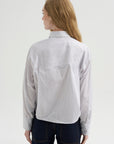 Button Sleeve Crop Shirt, White / Blue / Brown Stripe