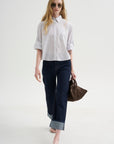 Button Sleeve Crop Shirt, White / Blue / Brown Stripe