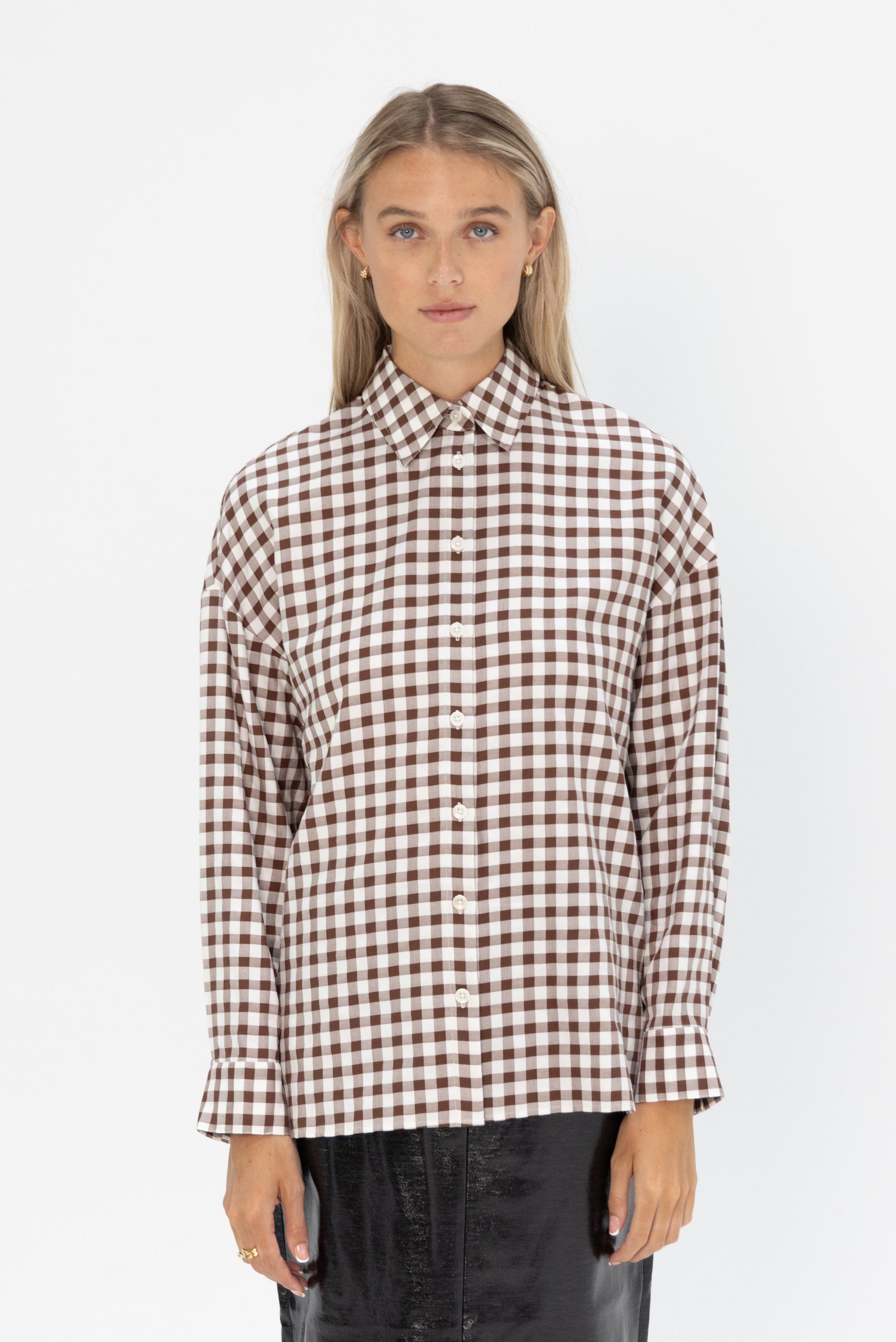 TIBI - Gingham Drape Oversized Shirt, Brown Multi