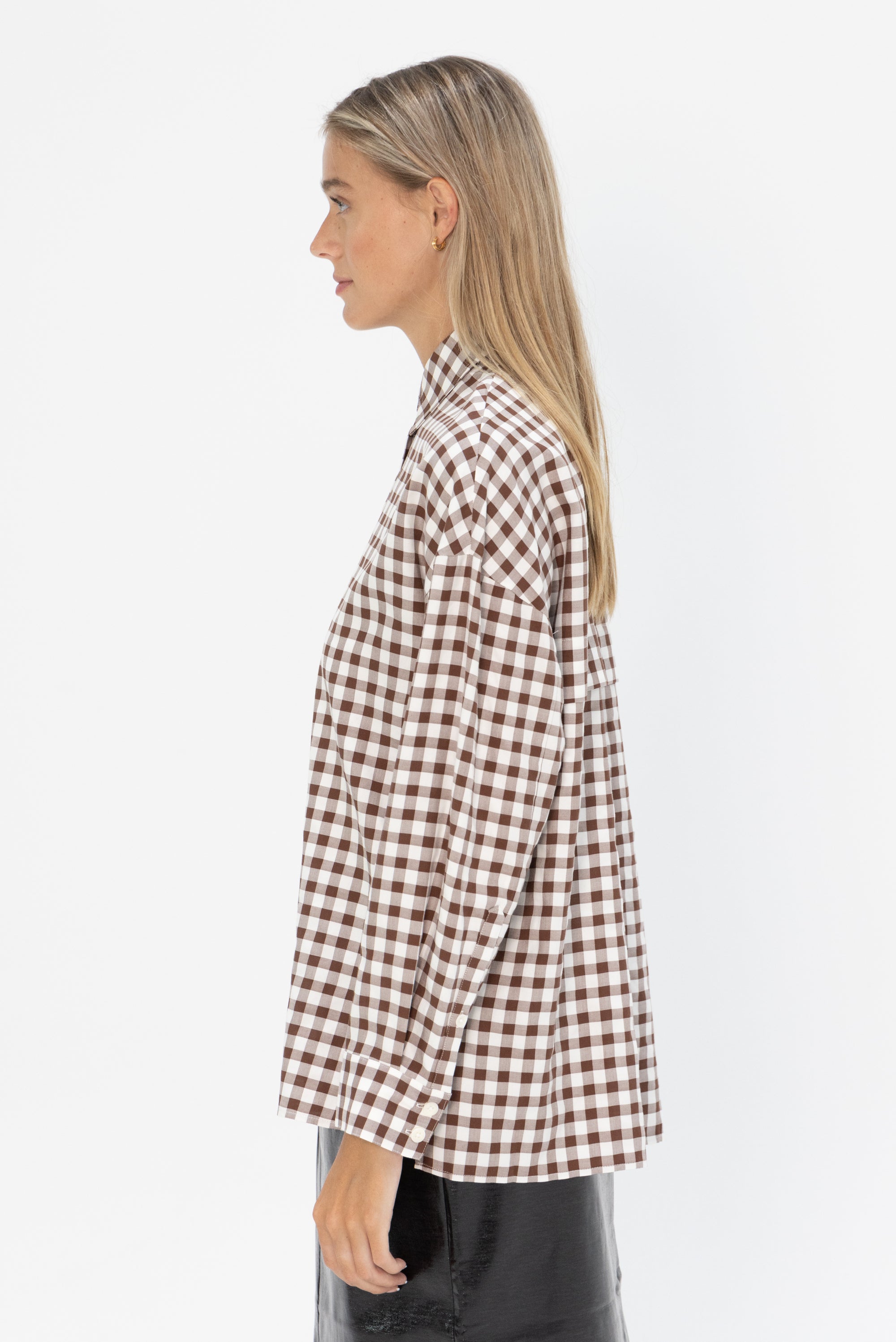 TIBI - Gingham Drape Oversized Shirt, Brown Multi
