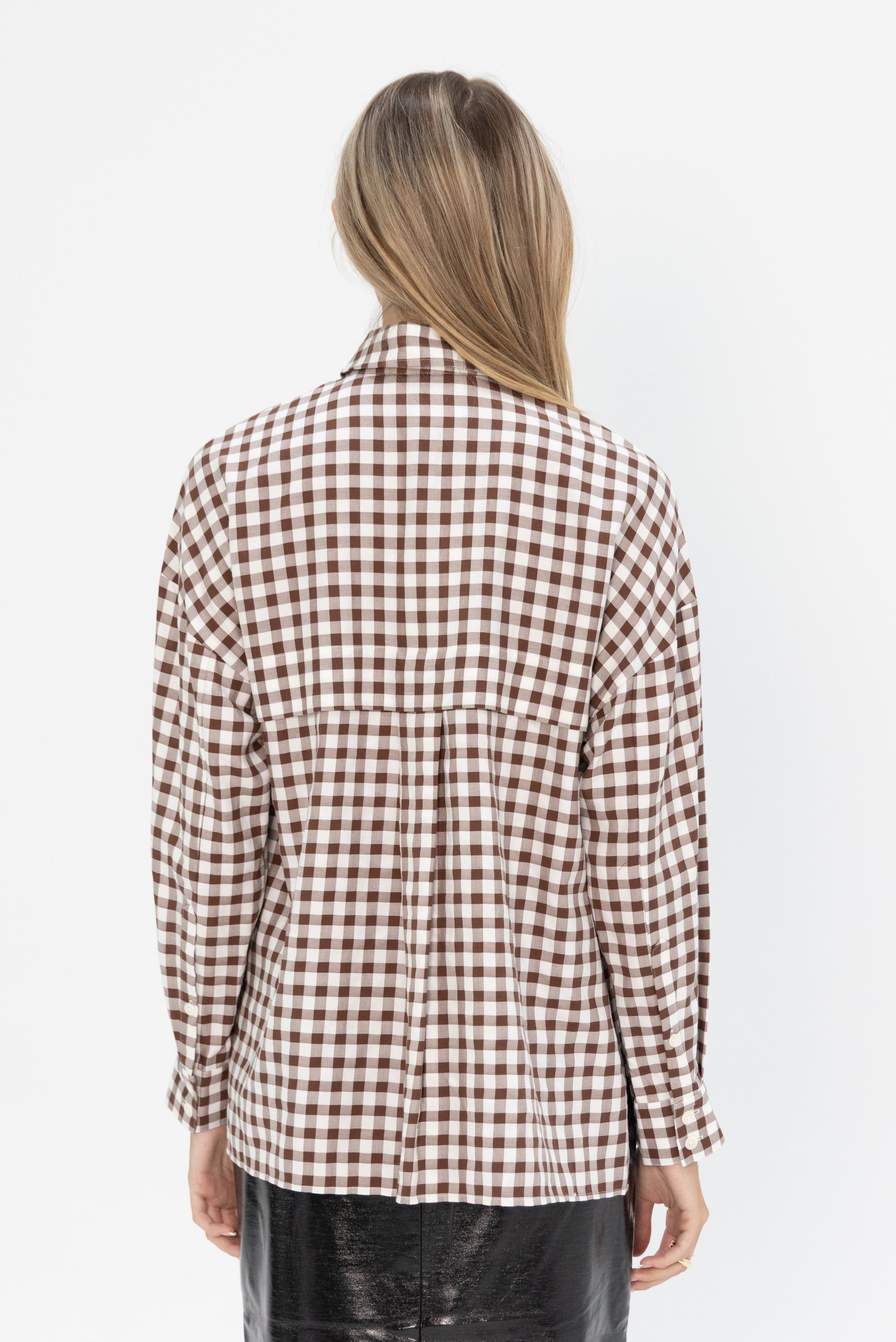 TIBI - Gingham Drape Oversized Shirt, Brown Multi