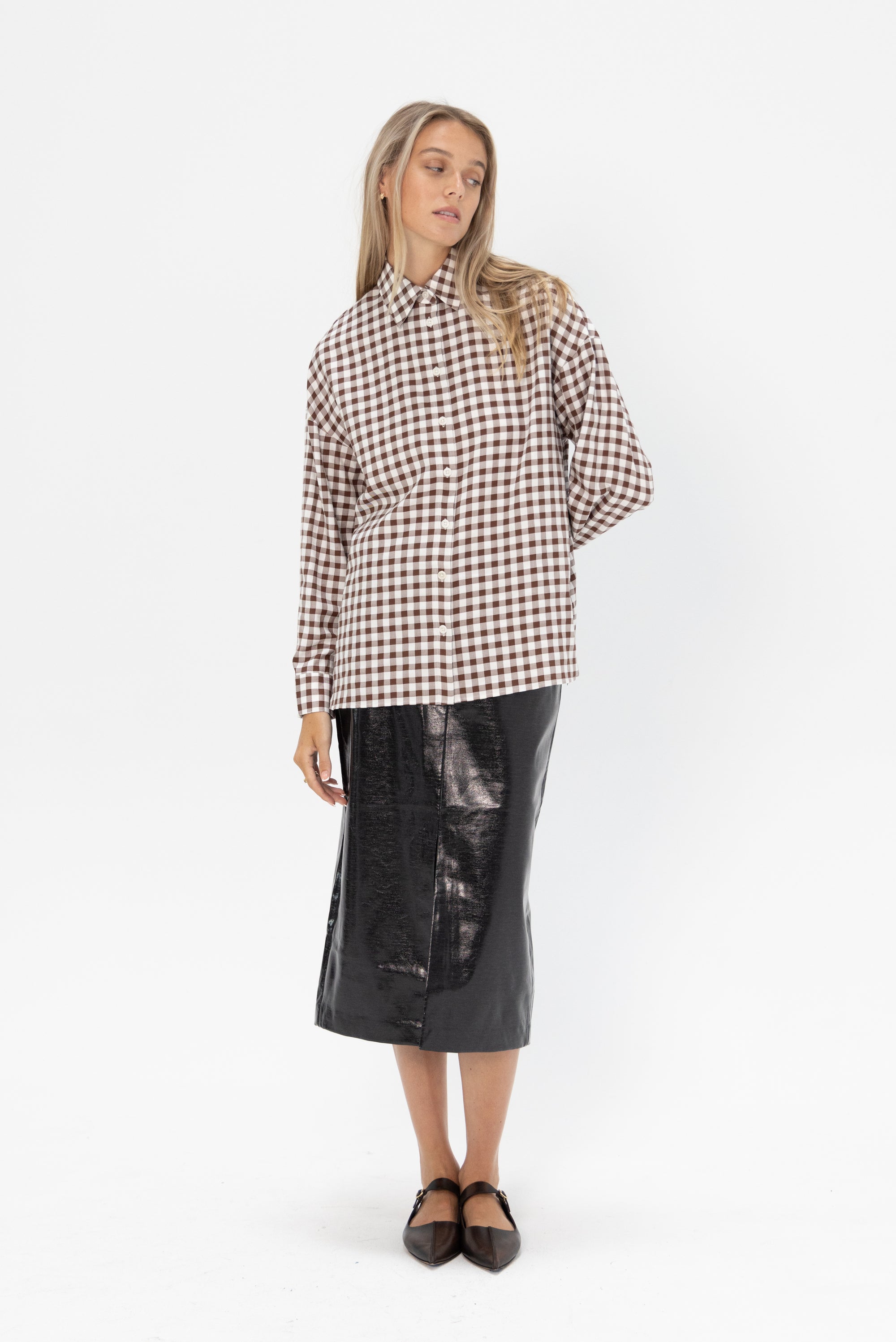 TIBI - Gingham Drape Oversized Shirt, Brown Multi