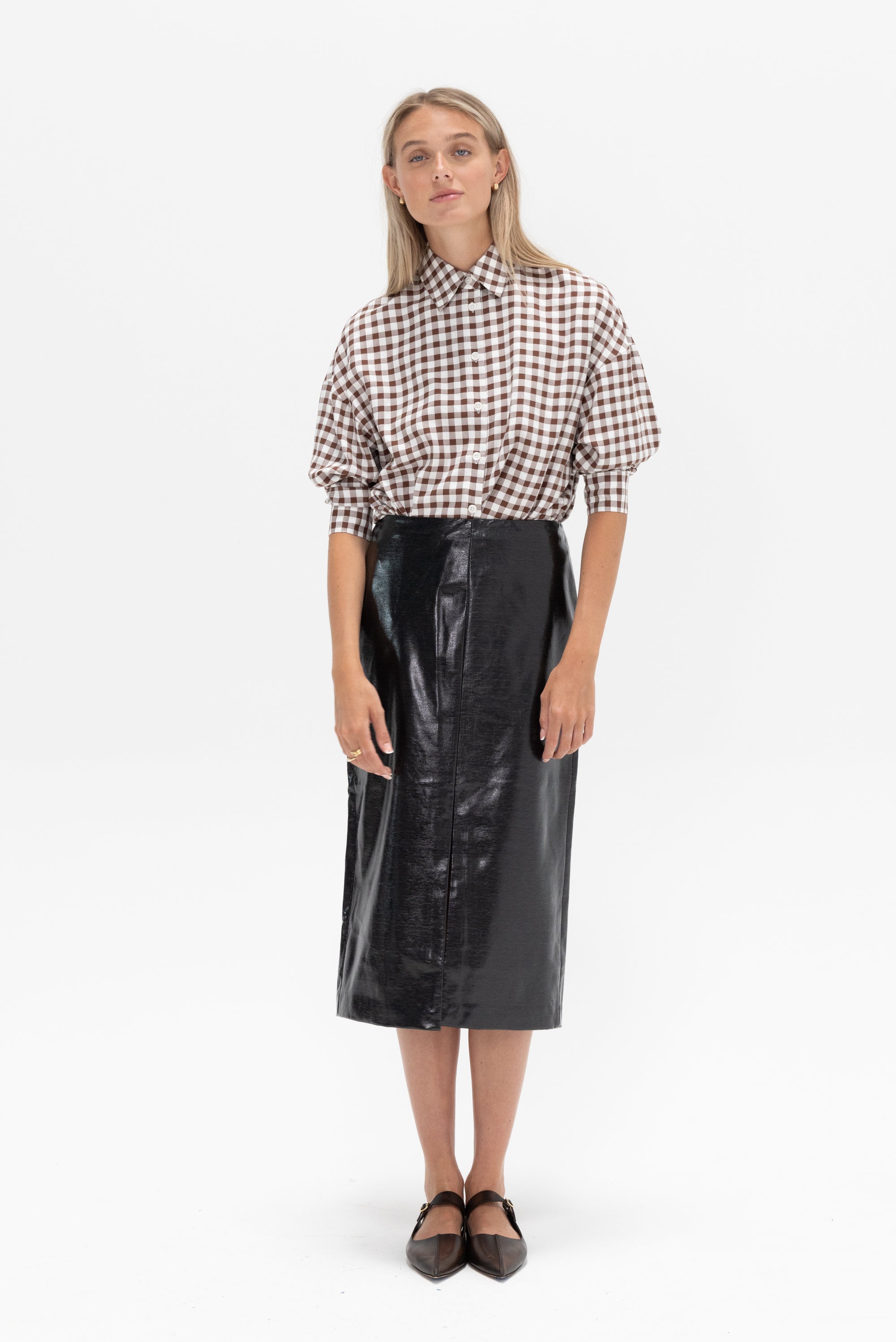 TIBI - Gingham Drape Oversized Shirt, Brown Multi