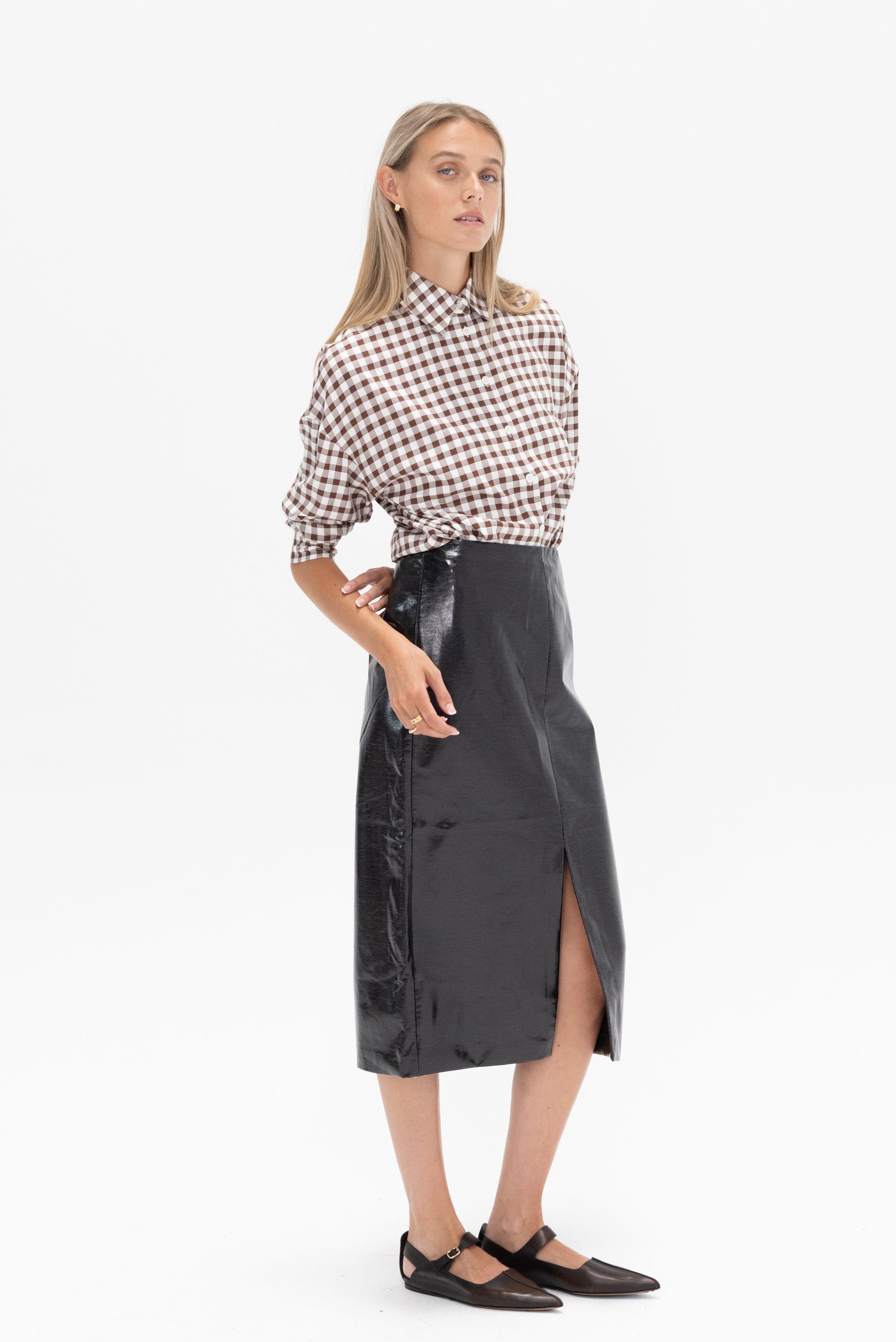 TIBI - Gingham Drape Oversized Shirt, Brown Multi