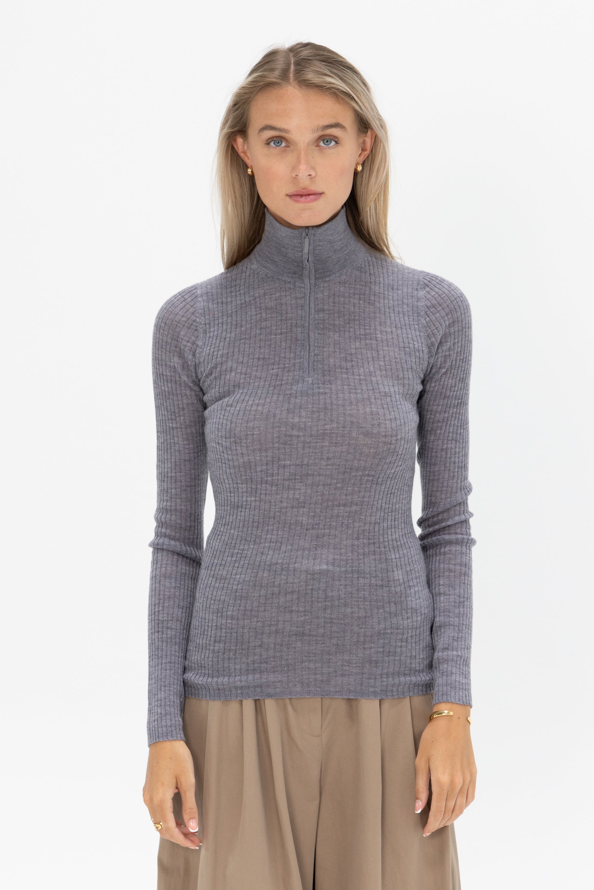 TIBI - Zip-Up Turtleneck Sweater, Grey