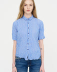 Blue Shirring Stripe Short Sleeve Blouse, Saxe Blue
