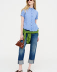 Blue Shirring Stripe Short Sleeve Blouse, Saxe Blue