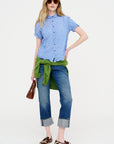 Blue Shirring Stripe Short Sleeve Blouse, Saxe Blue