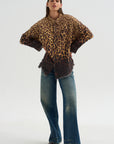 Shredded Seam Drop Neck Shirt, Brown Leopard