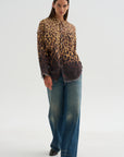 Shredded Seam Drop Neck Shirt, Brown Leopard