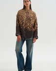 Shredded Seam Drop Neck Shirt, Brown Leopard