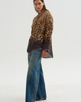 Shredded Seam Drop Neck Shirt, Brown Leopard