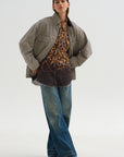 Shredded Seam Drop Neck Shirt, Brown Leopard