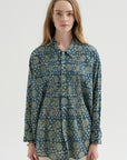Pintuck Drop Neck Shirt, Indigo Medallion Print