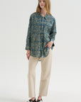 Pintuck Drop Neck Shirt, Indigo Medallion Print
