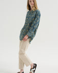 Pintuck Drop Neck Shirt, Indigo Medallion Print