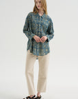 Pintuck Drop Neck Shirt, Indigo Medallion Print