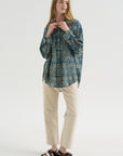 Pintuck Drop Neck Shirt, Indigo Medallion Print