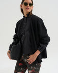 Pre-Order • Ruffle Collar Shrunken Shirt, Black & White Polkadot