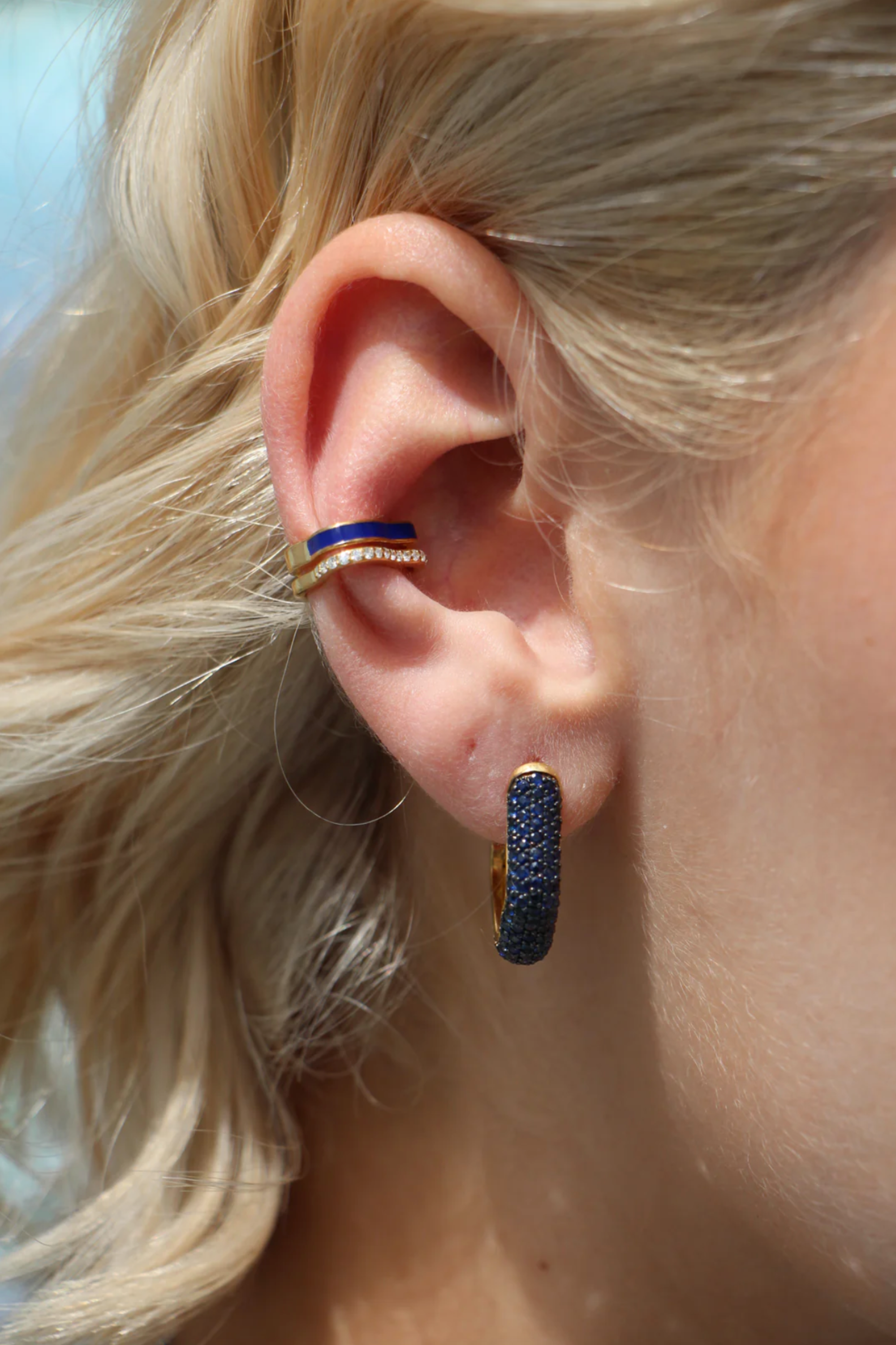 K SALAMOON - Large Sea Ice Bold Hoops, Sapphire
