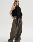 Pre-Order • Creased Acetate Drape Cape Tie Top, Black